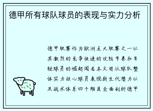 德甲所有球队球员的表现与实力分析