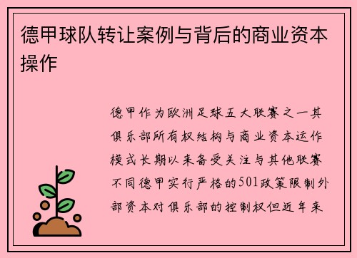 德甲球队转让案例与背后的商业资本操作